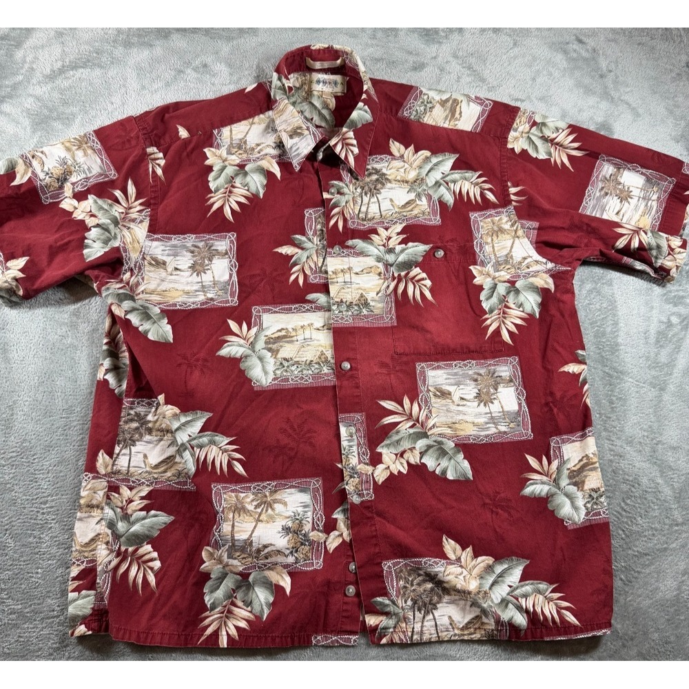 Vtg Campia Hawaiian Shirt XL Red Scenic Island Print Made USA Cotton